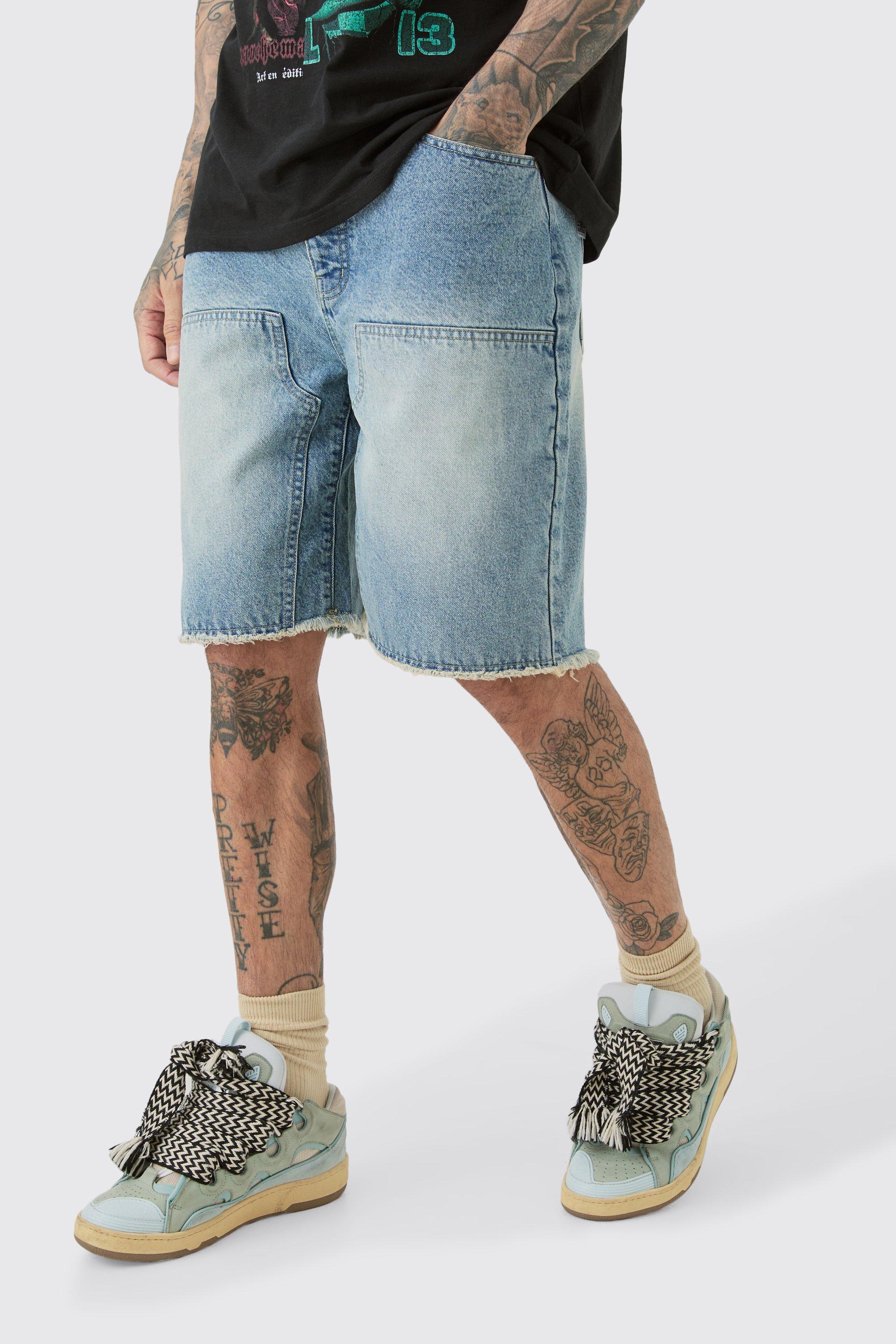 【Raucohouse】Tin brush washed bermuda denim half pants Tall Raw Hem Rigid Denim Carpenter Shorts In Light Wash